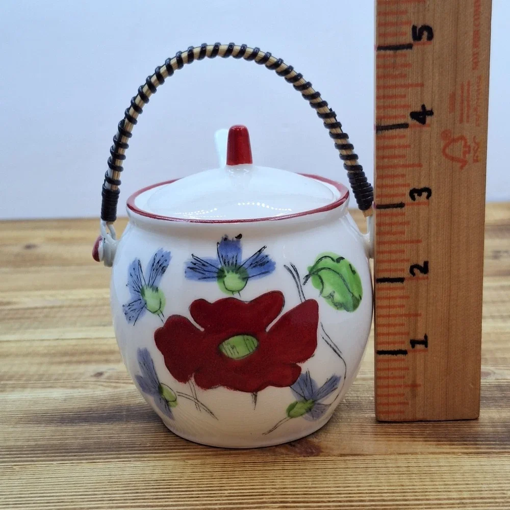 Vintage Floral‎ White sugar jelly or candy jar with wicker handle 3x4